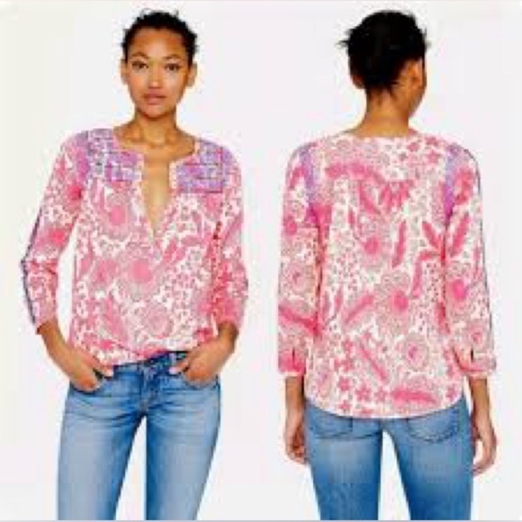 J. Crew Tops - J.Crew Embroidered Floral Cotton Peasant Top Pink Blue Size 6